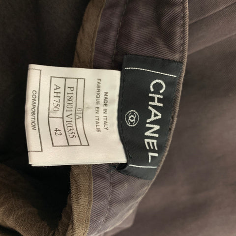 CHANEL Size 10 Brown Cotton Leather Trim Straight Casual Pants