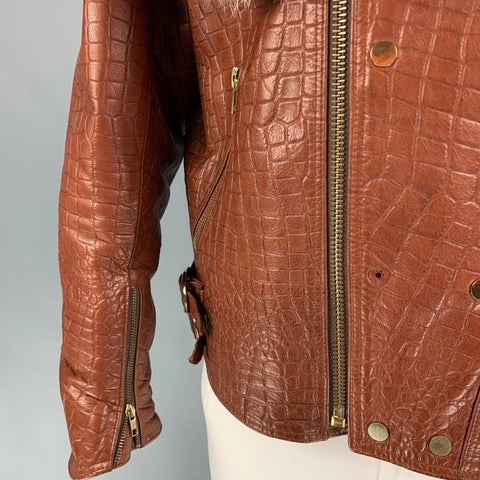 JAKE WOOD Taille XL Veste motard en cuir gaufré marron