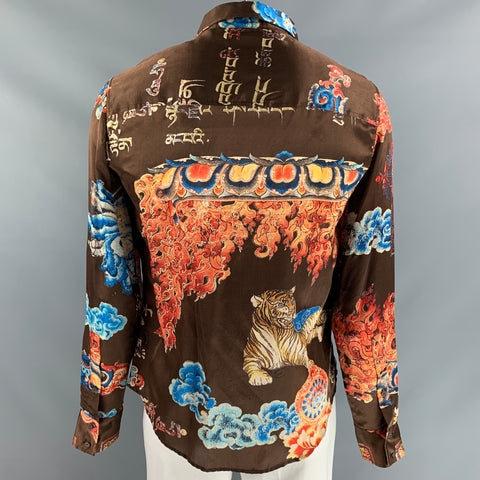 JUST CAVALLI Size L Brown Multicolour Print Silk Button Up Long Sleeve Shirt