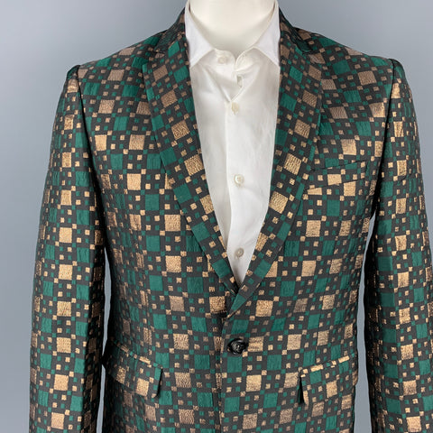 CUSTOM MADE Size 40 Green & Gold Jacquard Notch Lapel Sport Coat