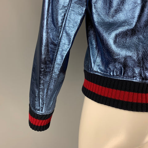 GUCCI FW 2017 Size 36 Blue Metallic Stripe Lamb Leather Bomber Jacket