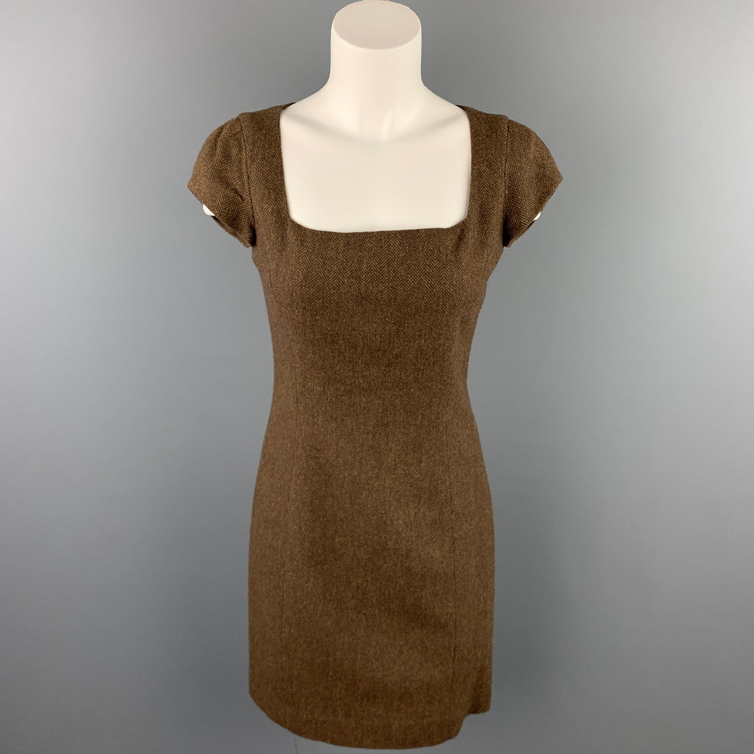 RALPH LAUREN Black Label Talla 4 Vestido tubo de lana de cordero en espiga marrón