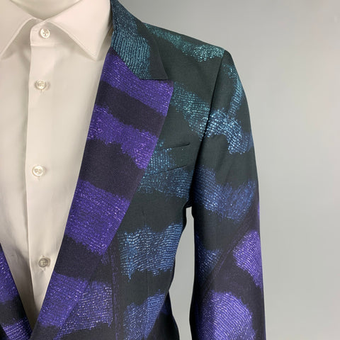 ROBERTO CAVALLI Size 42 Black Purple Print Silk Peak Lapel Sport Coat