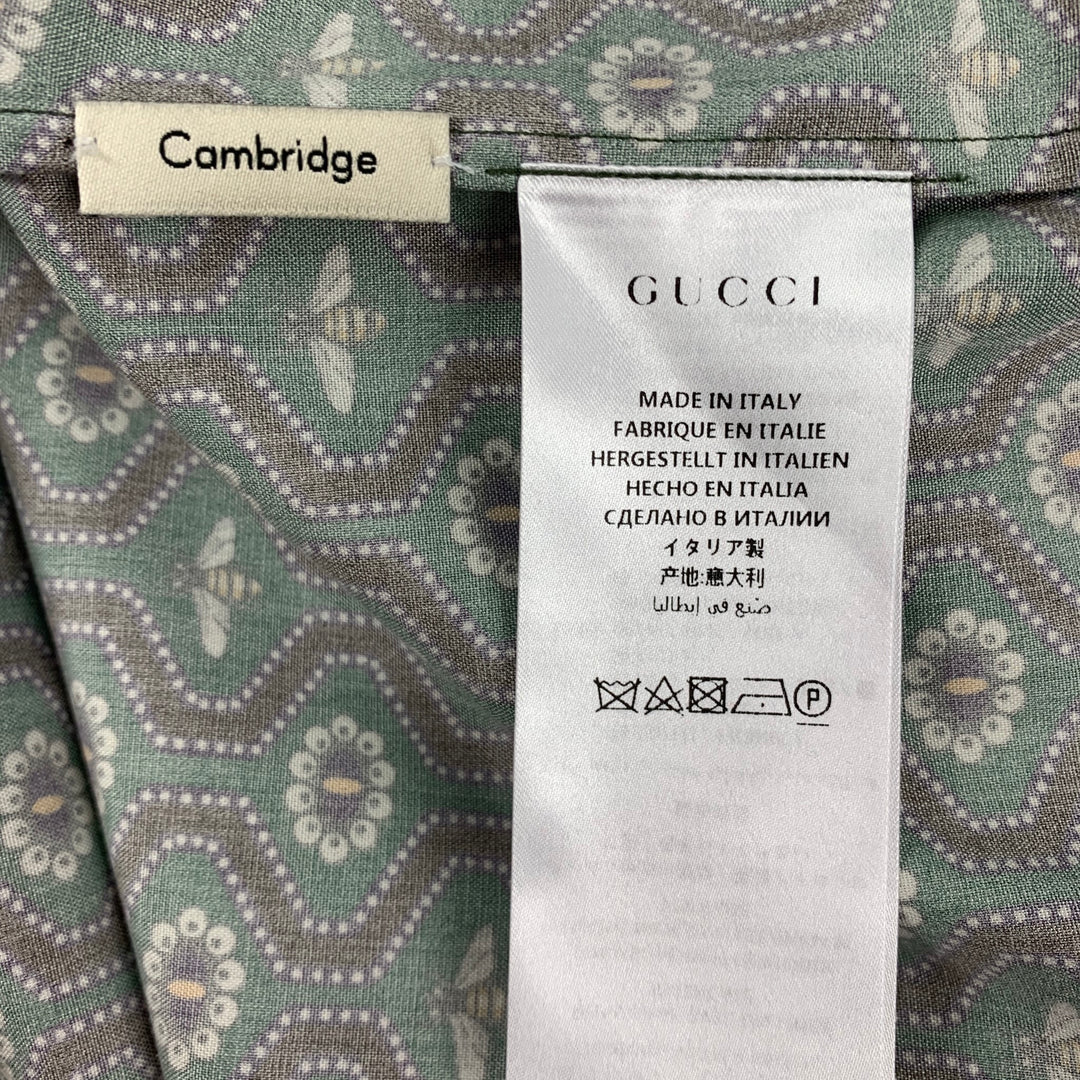 GUCCI Cambridge Size XL Green & Purple Pearl Eyes Print Cotton Button Up Long Sleeve Shirt