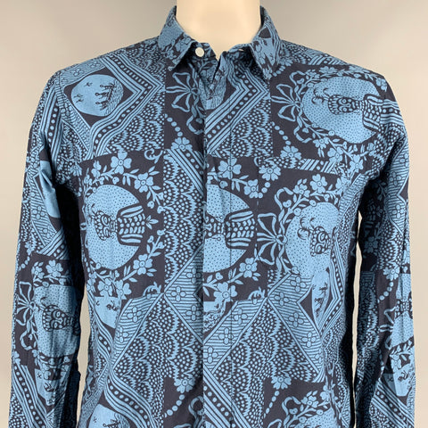 ENGINEERED GARMENTS Size L Navy & Blue Print Cotton Short Sleeve Shirt