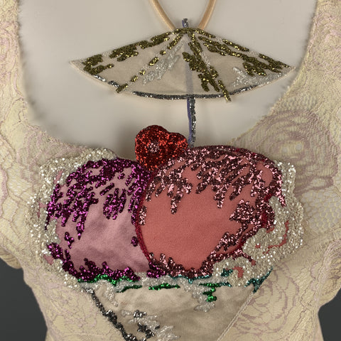 CHANEL Size 10 Beige Lace Glitter Ice Cream Martini Cruise 2004 Top