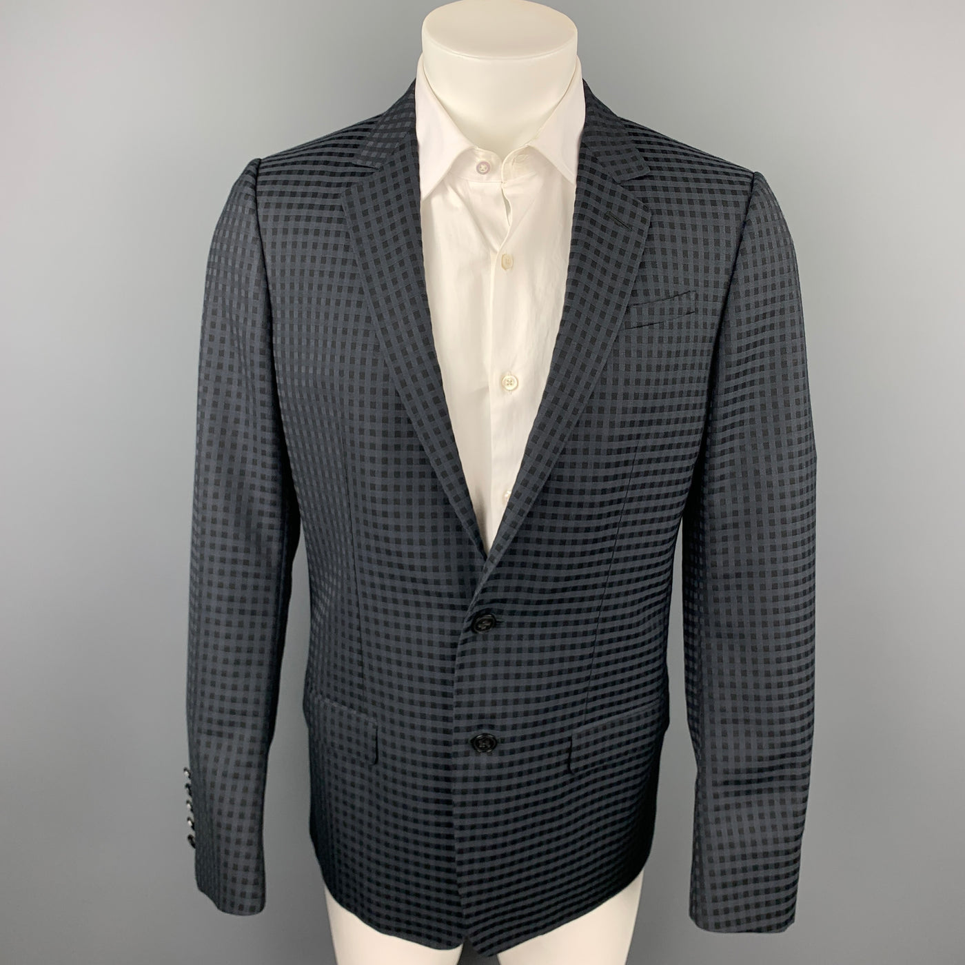 GUCCI Size 38 Regular Black on Black Checkered Wool Sport Coat