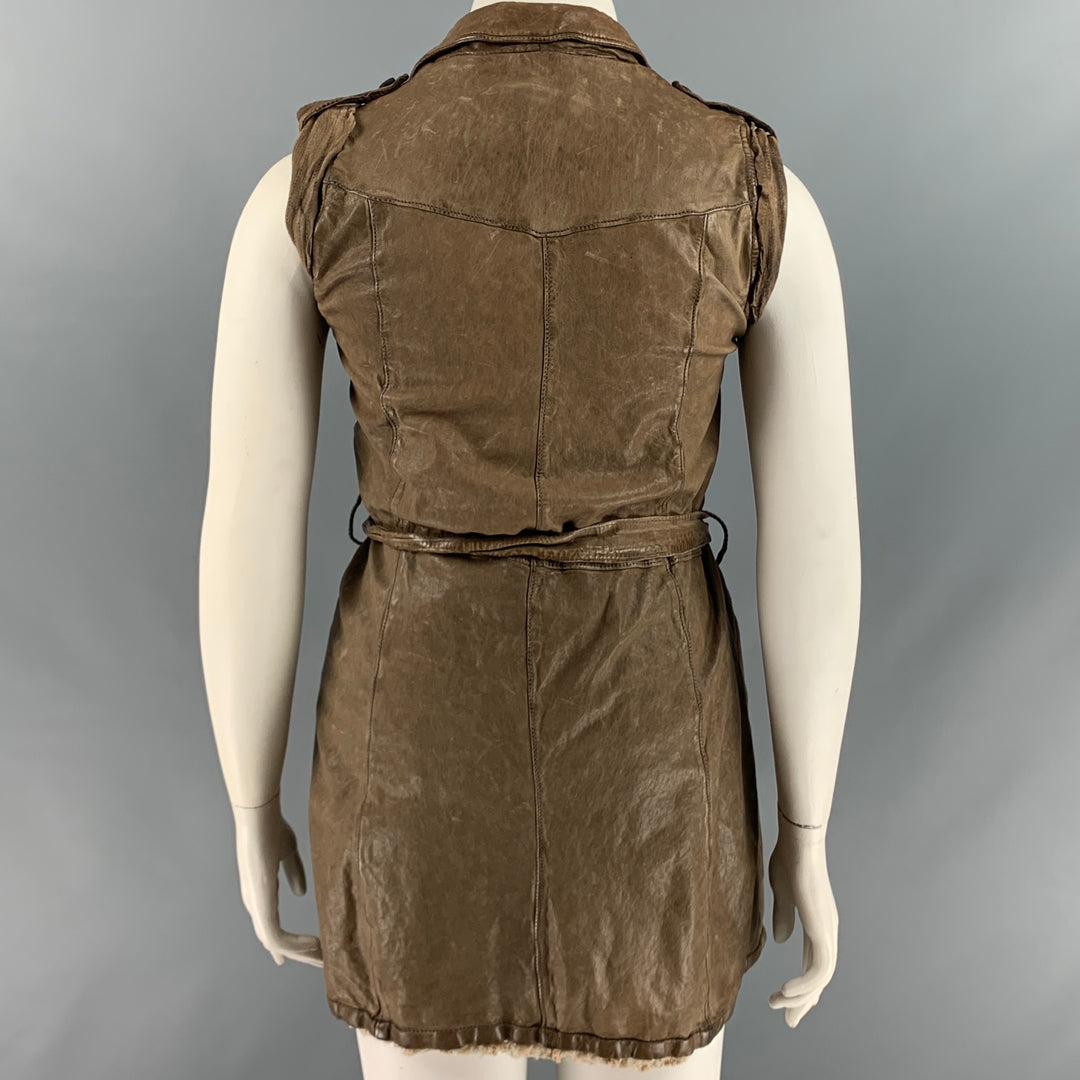 GIORGIO BRATO Size 10 Brown Taupe Leather Distressed Belted Vest