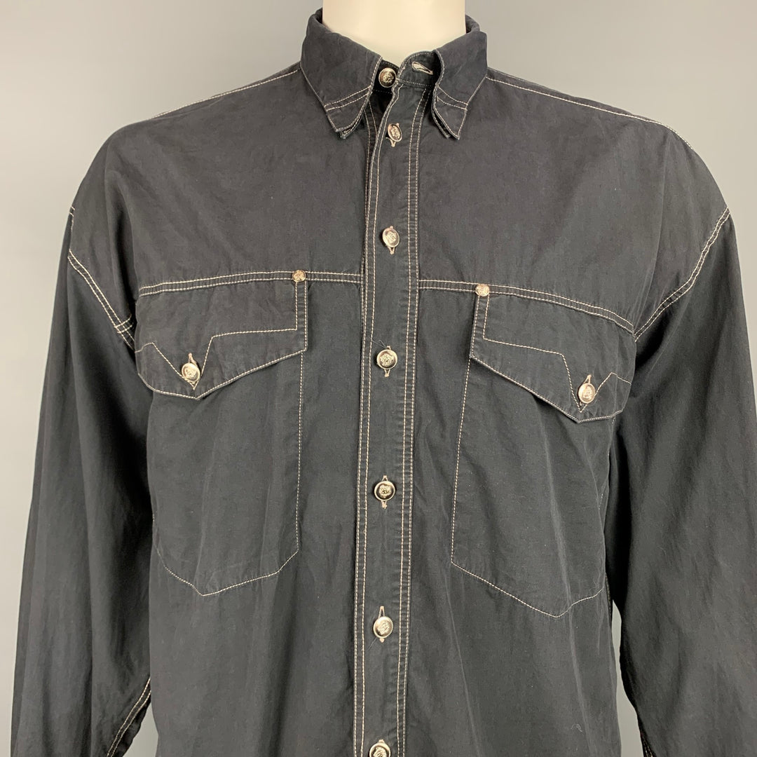 vintage VERSACE JEANS COUTURE Taille L Chemise à manches longues en coton point contrasté noir