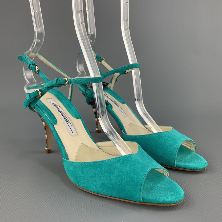 BRIAN ATWOOD 7.5 Turquoise Suede Rainbow Heel Peep Toe TRIXIE Sandals