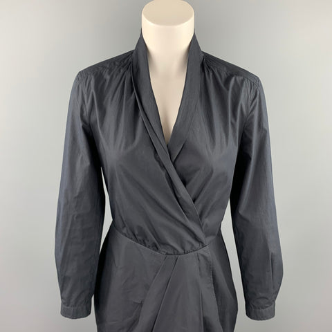 MAX MARA Taille 8 Robe portefeuille à manches longues en coton Popin noir
