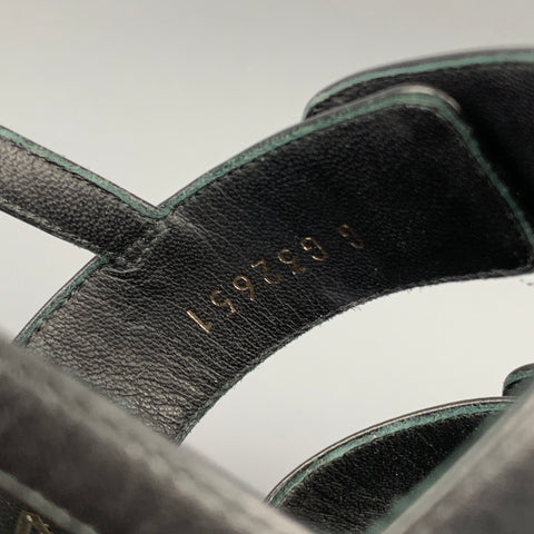 CHANEL Size 6 Black & Silver Leather Turn Lock Logo Chunky Heel Sandals