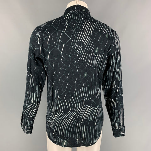 AGNÈS B. Baudelocque Size L Navy Print Cotton Button Up White Long Sleeve Shirt