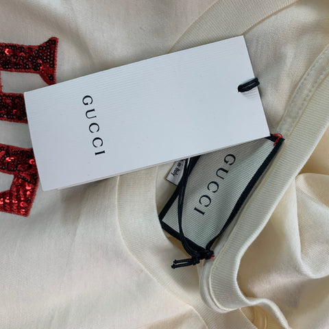 GUCCI Size M Beige Red Embroidery Cotton Crew-Neck T-shirt