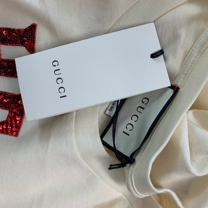 GUCCI Talla M Camiseta con cuello redondo de algodón bordado rojo beige