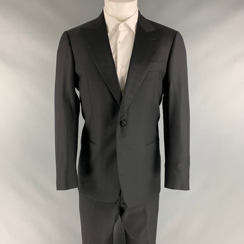 BATTISTONI Size 38 Black Solid Wool Peak Lapel Tuxedo