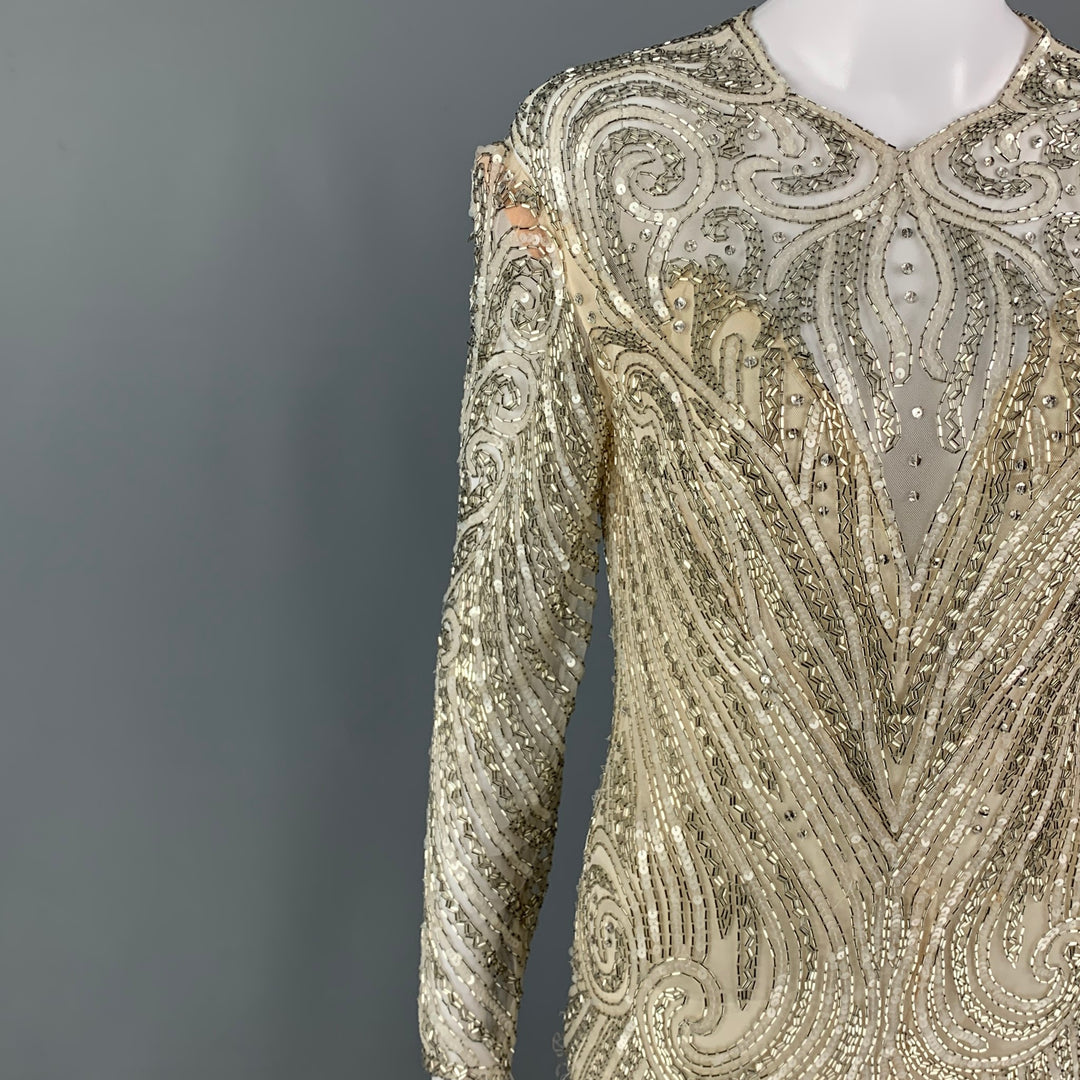 Vintage BOB MACKIE Size 6 Cream Silver Silk Beaded Long Sleeve Dress