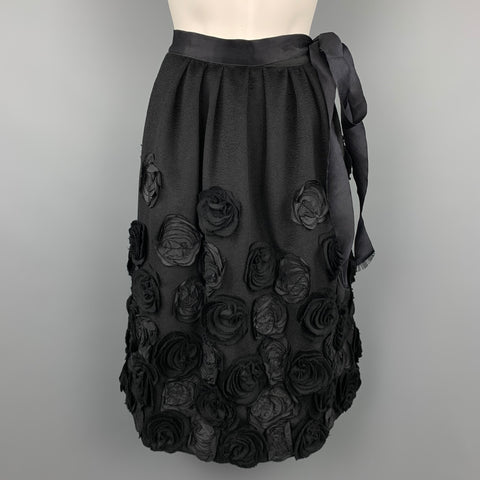 OSCAR DE LA RENTA F/W 2006 Taille 6 Jupe ceinturée en laine noire et angora fleurie ornée