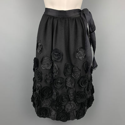 OSCAR DE LA RENTA F/W 2006 Size 6 Black Wool & Angora Floral Embellished Belted Skirt