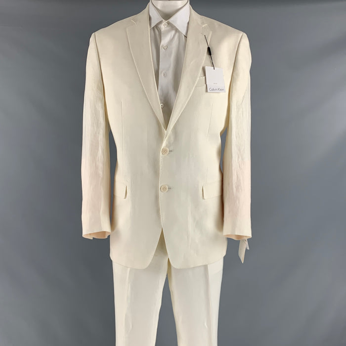 CALVIN KLEIN Size 44 Long Cream Linen Single breasted Suit