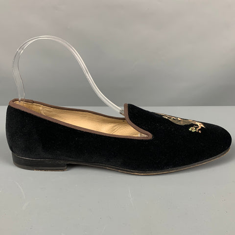 STUBBS & WOOTTON Size 10.5 Black Brown Embroidery Velvet Slip On Loafers