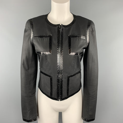 CHANEL Talla 6 Chaqueta de cuero recortada con ribetes de serpiente negra 04 P