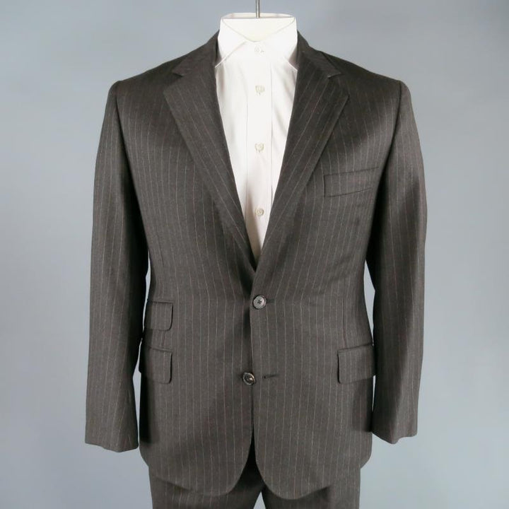 HERMES 42 Regular Charcoal Pinstriped Wool 2 Button 3 Flap Pocket Suit