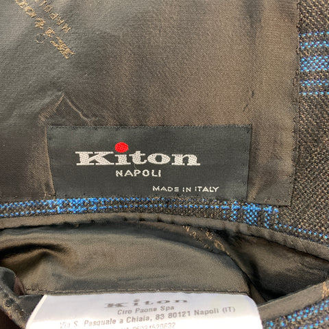KITON Size 44 Brown Blue Plaid Cashmere Notch Lapel Sport Coat
