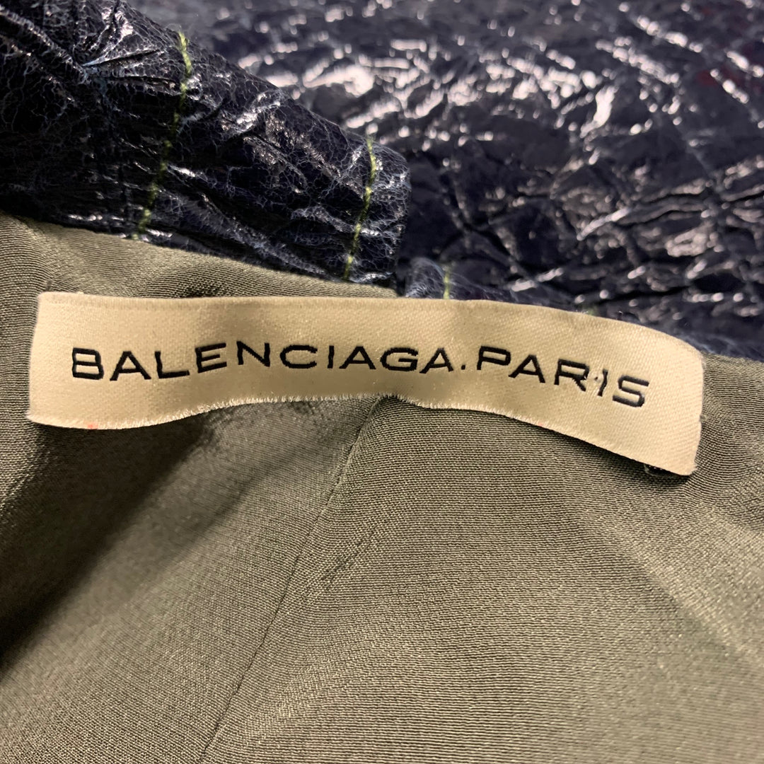 BALENCIAGA Size 8 Navy Green Cotton Blend Color Block Faux Patent Leather Coat