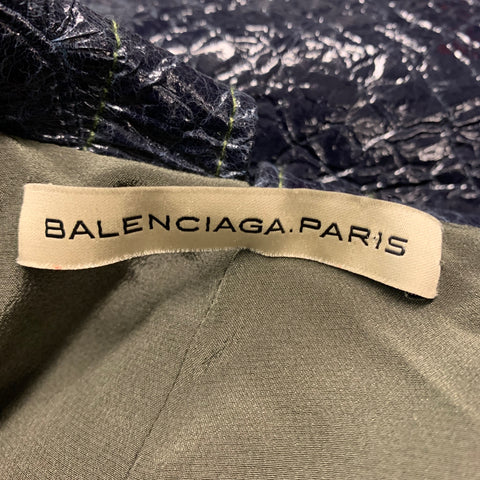 BALENCIAGA Size 8 Navy Green Cotton Blend Color Block Faux Patent Leather Coat