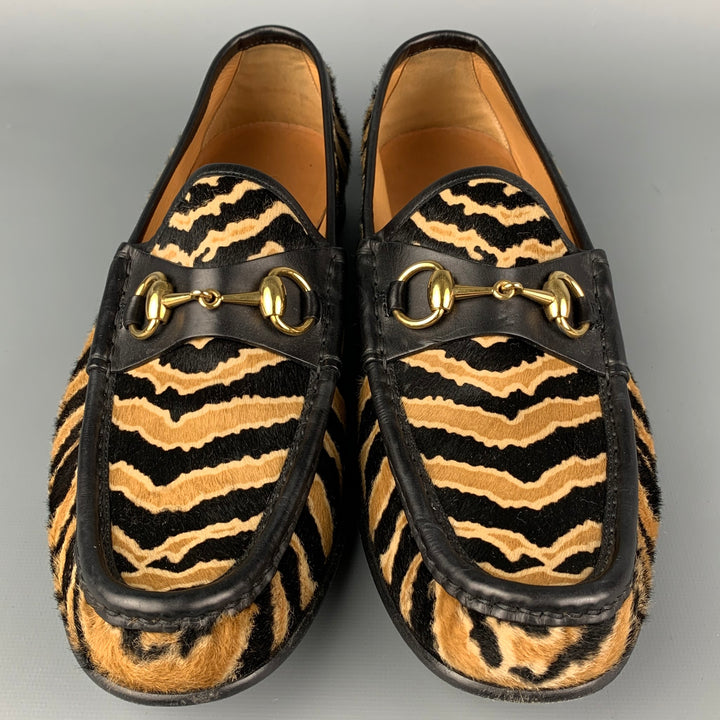 GUCCI Size 9 Black & Beige Zebra Calf Hair Slip On Horsebit Loafers