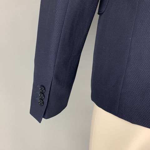 CARVEN Size 40 Navy Textured Wool Linen Peak Lapel Sport Coat