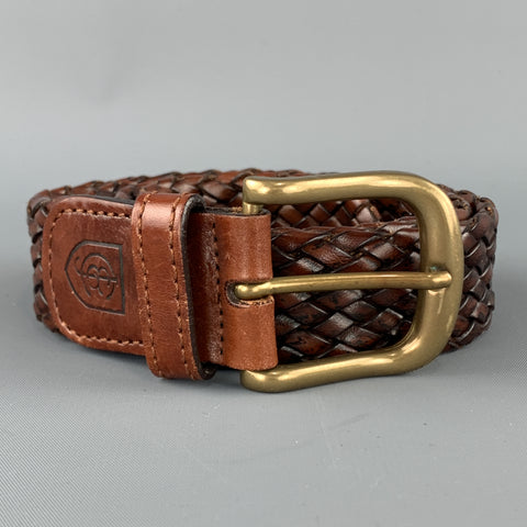 J & C Size 34 Woven Brown Leather Brass Buckle Belt