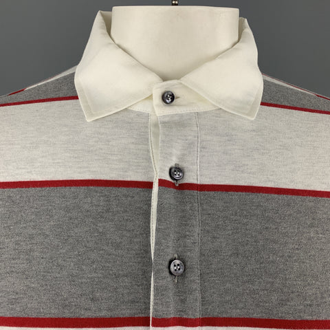 LORO PIANA Size XL Grey & Red Stripe Cotton Buttoned Long Sleeve Rugby Polo