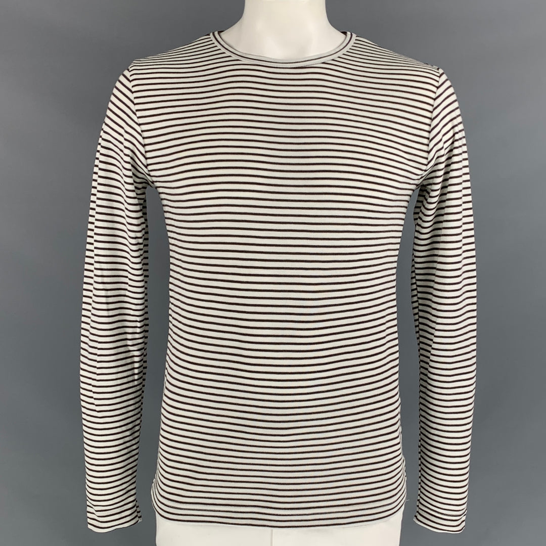 S.N.S HERNING Size L White & Olive Stripe Wool Blend Crew-Neck Pullover