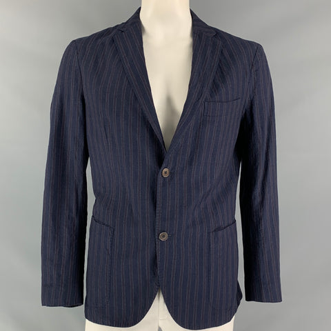 MONTEDORO Chest Size 44 Regular Wool &  Linen Navy Stripe Notch Lapel Sport Coat