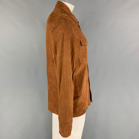 REISS Size XL Brown Leather Snaps Shirt Jacket