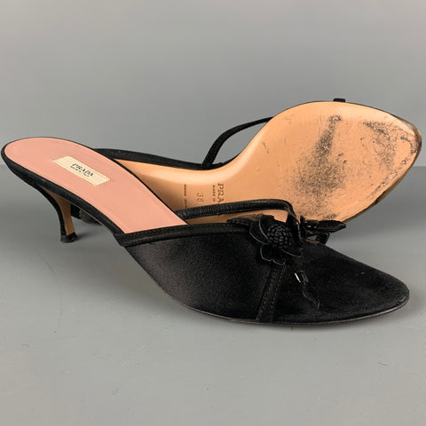 PRADA Size 8 Black Silk Aplique Patent Leather Kitten Heel Sandals