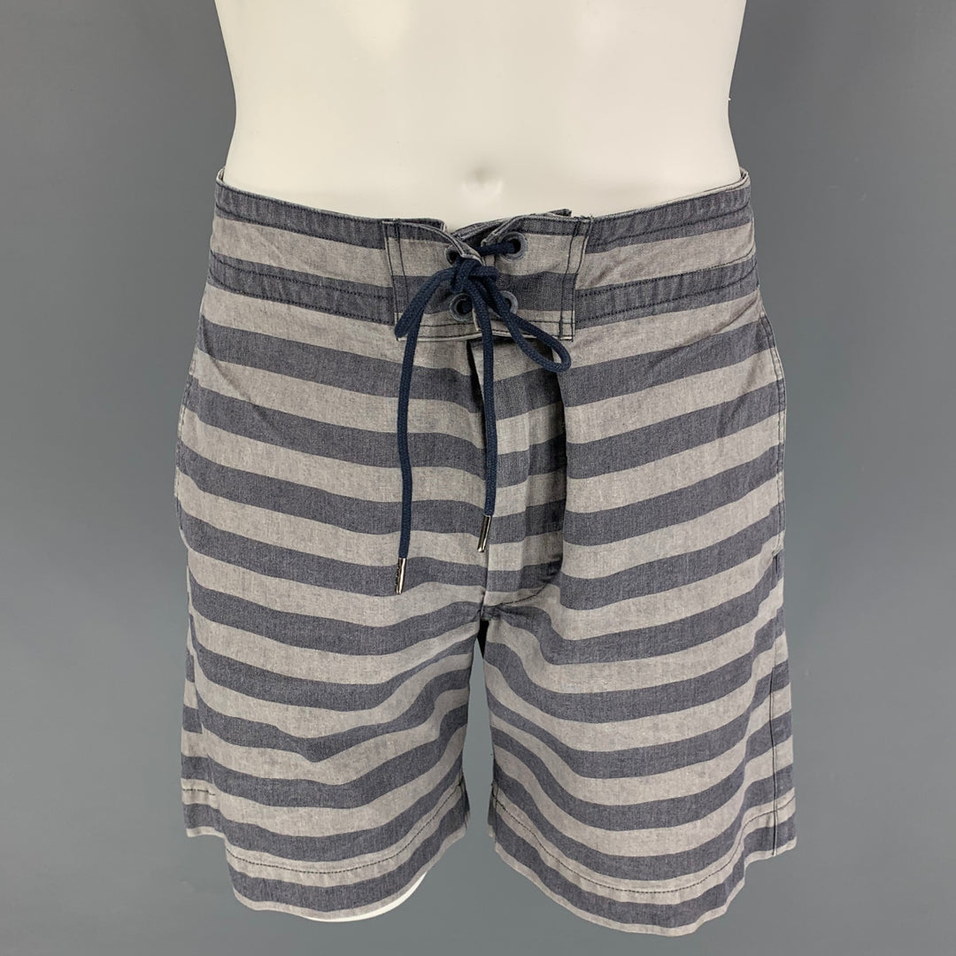 RRL by RALPH LAUREN Size 33 Grey Blue Stripe Cotton Drawstring Shorts