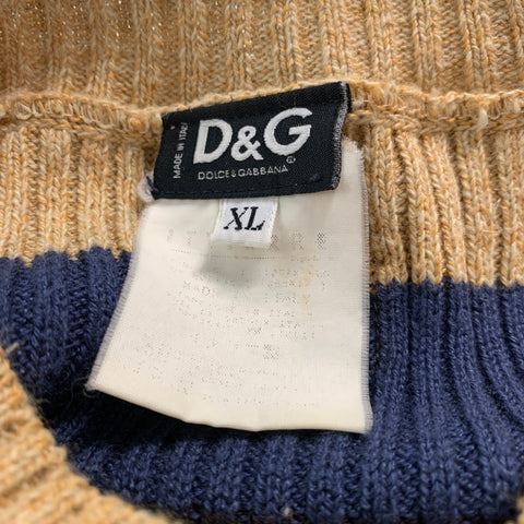 D&G by DOLCE & GABBANA Size XL Beige Navy Stripe V-Neck Pullover