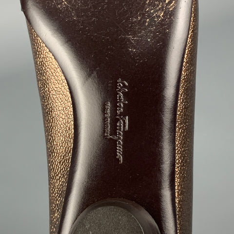 SALVATORE FERRAGAMO Size 7.5 Gold & Black Leather Silk Bow Flats