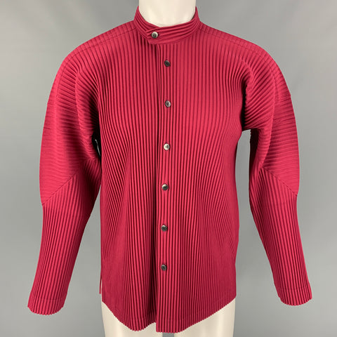 ISSEY MIYAKE HOMME PLISSE Size M Raspberry Pleated Polyester Band Collar Long Sleeve Shirt