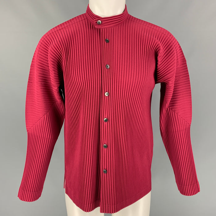 ISSEY MIYAKE HOMME PLISSE Size M Raspberry Pleated Polyester Band Collar Long Sleeve Shirt