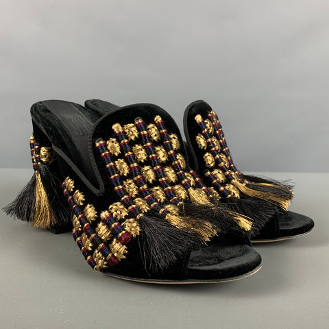 SANAYI 313 Zapatos de tacón tipo mulas bordados de terciopelo negro dorado talla 9