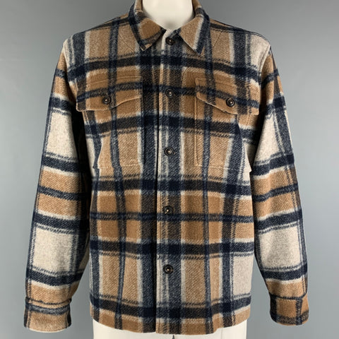 TODD SNYDER Size XL Beige Navy Plaid Polyester Wool Jacket