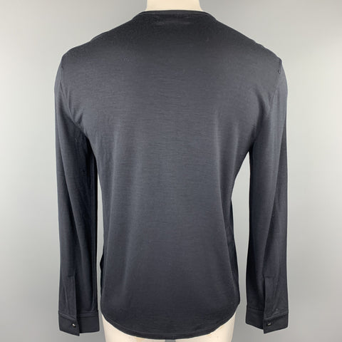 JOHN VARVATOS Size L Navy Hetahrered Wool Jersey Buttoned Henley