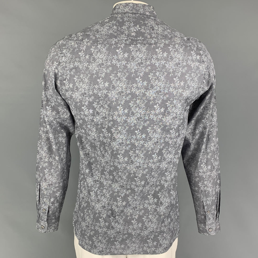 TED BAKER Size L Grey Floral Cotton Button Up Long Sleeve Shirt