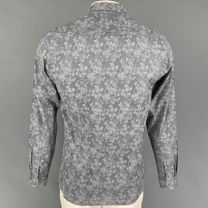 TED BAKER Size L Grey Floral Cotton Button Up Long Sleeve Shirt