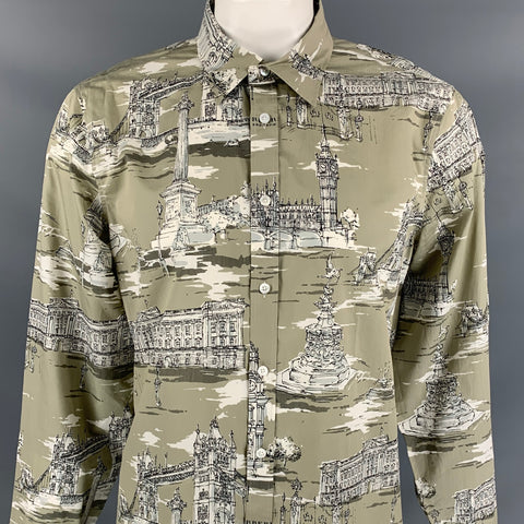 BURBERRY PRORSUM Fall 2014 Size XL Taupe & Beige London Landmark Print Cotton Silk Long Sleeve Shirt