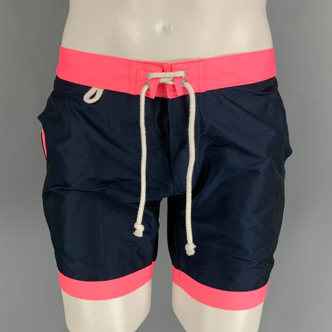CUISSE DE GRENOUILLE Size M Navy & Neon Pink Two Toned Polyester Swim Trunks